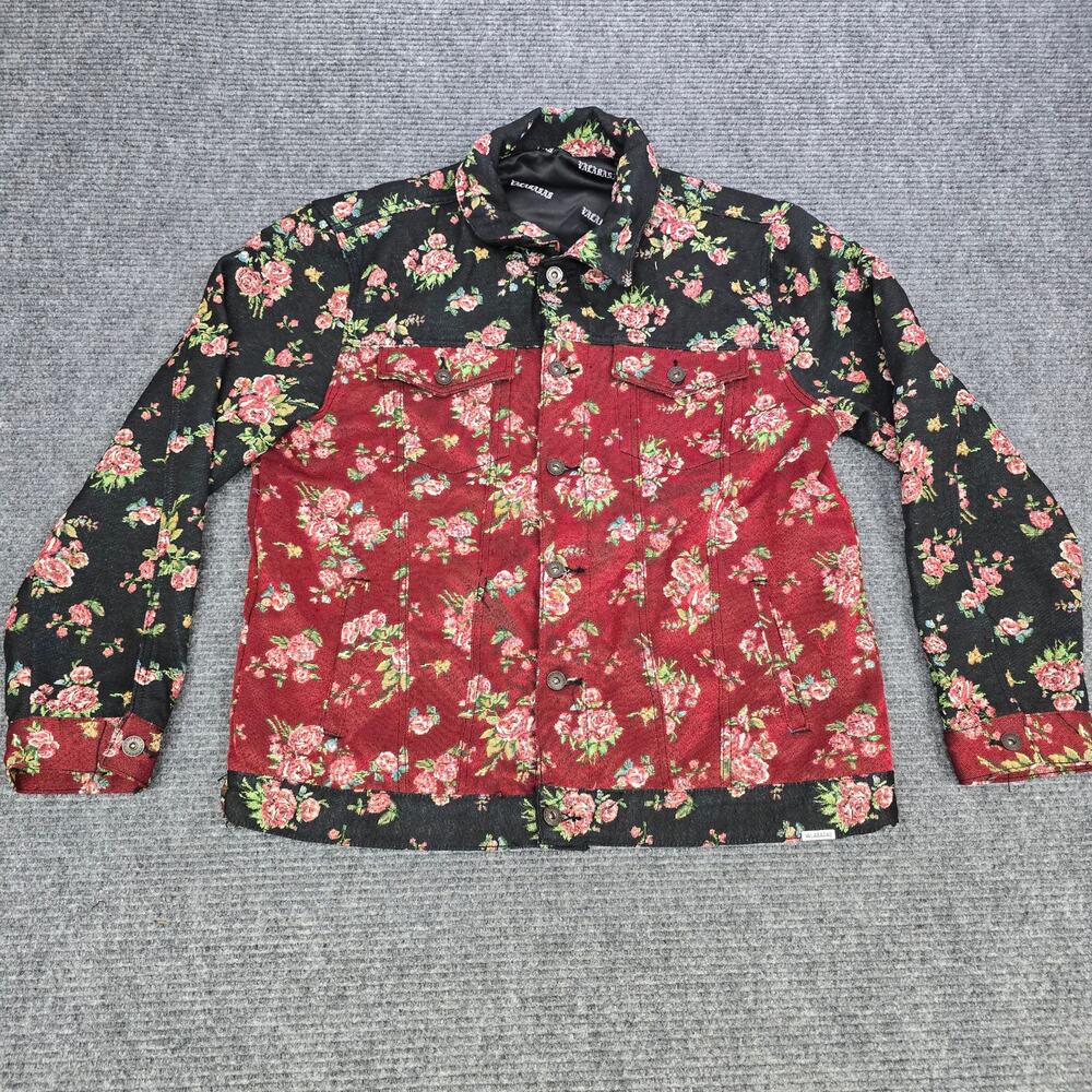 Valabasas Floral Denim Trucker Jacket Men's XL Red Black Roses Button Front